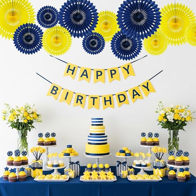 BEISHIDA Navy Blue Yellow Tissue Hanging Honeycomb Round Paper Fans Decoration Set for Graduation Birthday Baby Shower Bachelorette Wedding Photo Backdrops Anniversary Paper Party Supplies(12 Packs)