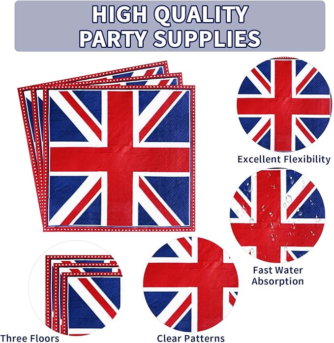 96 Pcs British Flag Birthday Party Supplies Britain UK England Flag Party Plates and Napkins Disposable Union Jack Tableware Set for UK Flag British Party Decorations Birthday Family Gathering Serve24