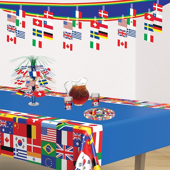Beistle International Flag Ceiling Décor, Hanging Banner with World Flags, Global Party Decorations for Cultural Events Multicultural Festivals and International Celebrations, 12” x 12’