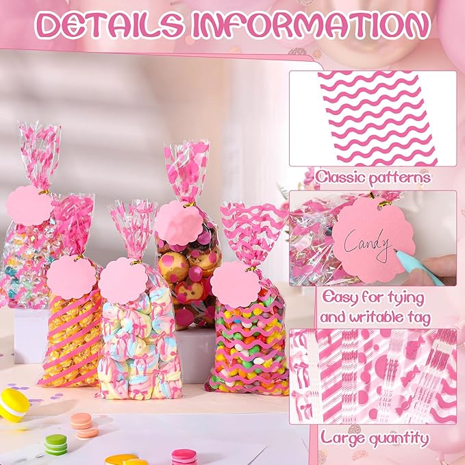 woric 100 Set Pink Cellophane Bags 5 x 10.6 Inch Plastic Mother's Day Treat Bags Gift Candy Bag with 100 Gift Tags and Twist Ties for Pink Bow Birthday Weddings Baby Shower Decorations