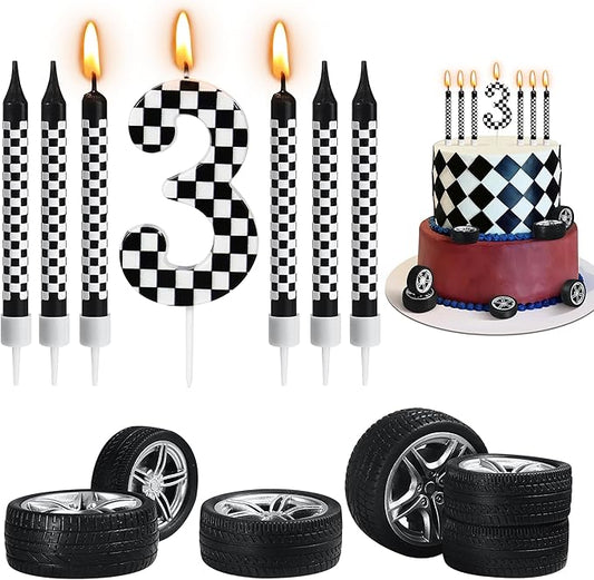 13 Pcs Racing Cars Themed Birthday Candles, Black and White Checkered Birthday Cake Candles, Numeral 3 Candle Wheel Tire for Racing Car Party Decoration Theme Party Supplies (Number 3)