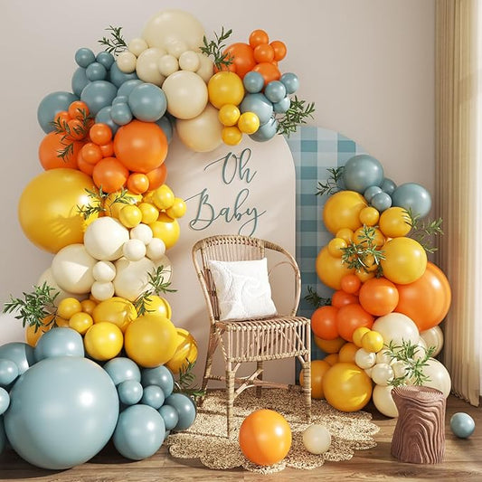 Here Comes the Son Balloon Arch Kit, 124Pcs Boho Retro Dusty Blue Burnt Orange Yellow Ivory White Balloons for Baby Shower First Trip Around the Sun Sunshine Theme Birthday Party Decorations