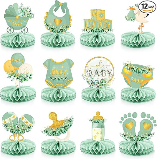 Faccito 12 Pcs Greenery Neutral Shower Honeycomb Centerpieces Eucalyptus Leaves Gender Reveal Table Decorations Neutral Gold Shower Decorations Table Toppers for Woodland Newborn Party Supplies