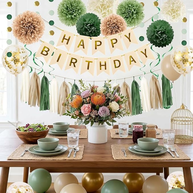 Sage Green Birthday Party Decorations for Women Girls with Happy Birthday Banner,Circle Garland,Tissue Paper Pompoms,Hanging Swirl, Paper Tassel,Decorations Balloons for Party Decor