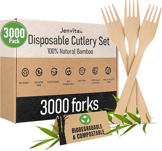 100% Bamboo Forks Set - Compostable Utensils Bulk (3000 Eco Friendly Forks) | Bamboo Cutlery Disposable or Reusable | Compostable FSC Certified Flatware for Weddings, Camping, Parties