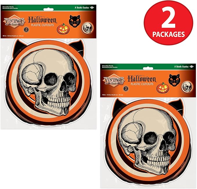 Beistle Plastic Vintage Halloween Cutouts – 6 Pack, Classic Retro-Style Decorations with Black Cat, Skull & Jack-O’-Lantern, Indoor or Outdoor Décor for Spooky Seasonal Displays & Parties, 10”–12”