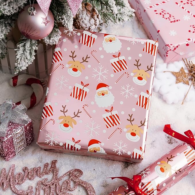 Burymento Christmas Wrapping Paper, Reversible Pink Christmas Tree, HO Santa Laughter, Snowflake, Reindeer, Design Gift Wrapping Paper Suitable for Holiday, Mini Roll (17 Inch X 120 Inch)