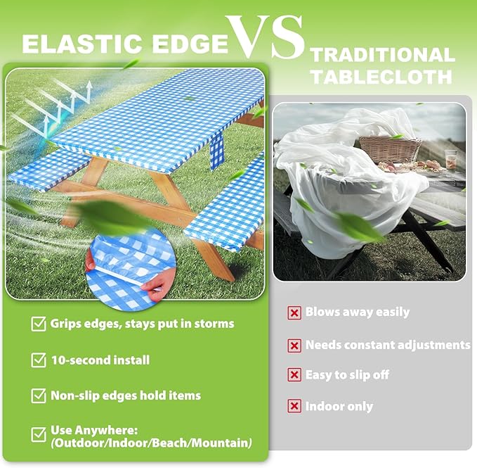 Fitted Picnic Table Cover with Bench Covers Vinyl Waterproof Elastic Edges Fitted Rectangle Tables Patio Tablecloth Camping Gear and Essentials Rv Accessories Road Trip Supplies Car Travel Must Haves