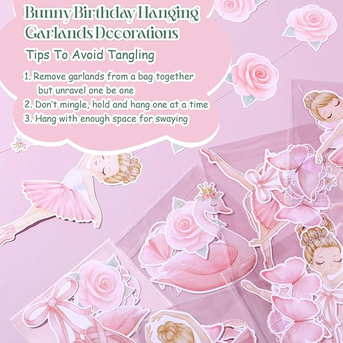 Daifunli 8 Pcs Ballerina Party Decorations Ballet Dancer Birthday Hanging Garlands Banner Pink Swan Rose Butterfly Paper Cutouts for Girls Wall Ceiling Decor Ballet Birthday Party Supplies