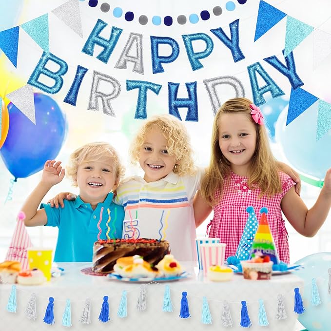 Mindsoft 5 Pcs Pre-Strung Blue and Silver Happy Birthday Banner Set, Felt Glitter Happy Birthday Garland with Ball Garland, Pennant Flags and Tassels, Birthdays Party Decorations for Kids and Adults