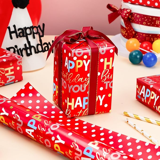 MAYPLUSS Reversible Red Birthday Wrapping Paper Roll - 17 Inch X 33 Feet - Glitter Happy Birthday Lettering Metallic Foil Paper Boy Gift Wrap w/Polka Dot for Party Father's Day Halloween's Day
