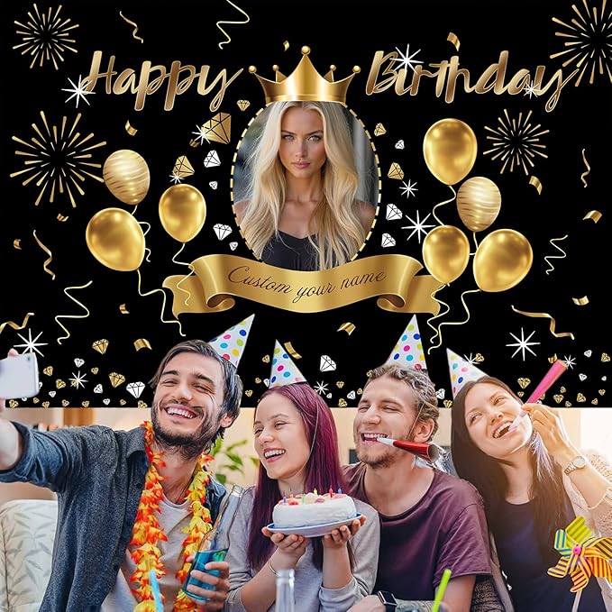 Custom Black Gold Crown Happy Birthday Banner Backdrop Personalized Happy Birthday Golden Balloon Diamond Backgroud Party Indoor Outdoor Car Decoration Supplies for Man Women (6x9ft)