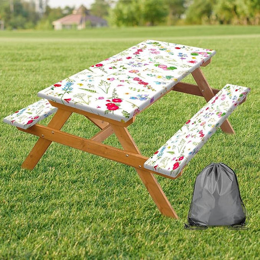 Picnic Table Cover with Bench Covers Elastic Edges, Colourful Wild Flower Rectangle Table Cover Patio Camping Essentials, Elastic Edge Windproof Fabric Outdoor Camping Garden Picnic Table Cloth