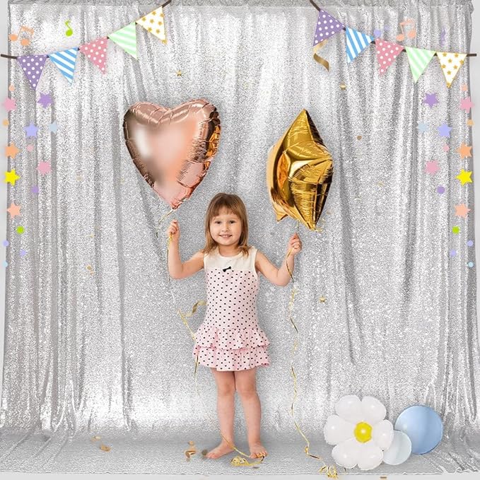 PartyDelight Silver Sequin Backdrop 6x6ft - High Density 3mm Shimmer Sequin Background with 4-Inch Rod Pocket, Sparkly Photography Curtain for Birthday, Disco, TikTok & Live Decor