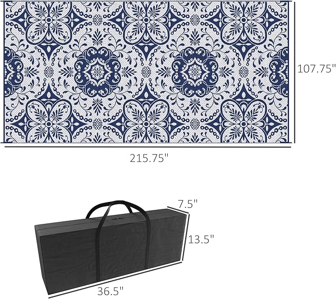 Outsunny Reversible Outdoor Rug Carpet, 9' x 18' Waterproof Plastic Straw Rug, Portable RV Camping Rugs with Carry Bag, Large Floor Mat for Backyard, Deck, Picnic, Beach, Blue & White Floral
