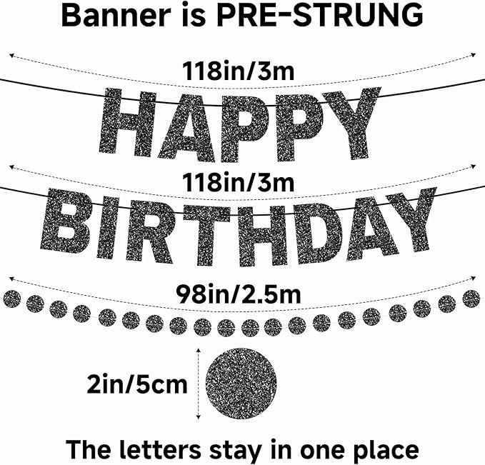 Happy Birthday Banner Pre-Strung Birthday Party Decorations NO DIY Glitter Happy Birthday Sign Circle Dots Garland Birthday Hanging Decorations for Women Men Birthday Party Supplies (Black)