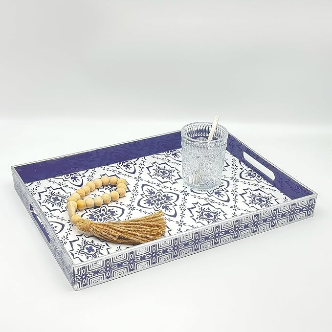 Serving Tray with Handles, 15.7 * 11.8 inches, Plastic Ottoman Tray with Exquisite Paintings, Trays for Coffee Table