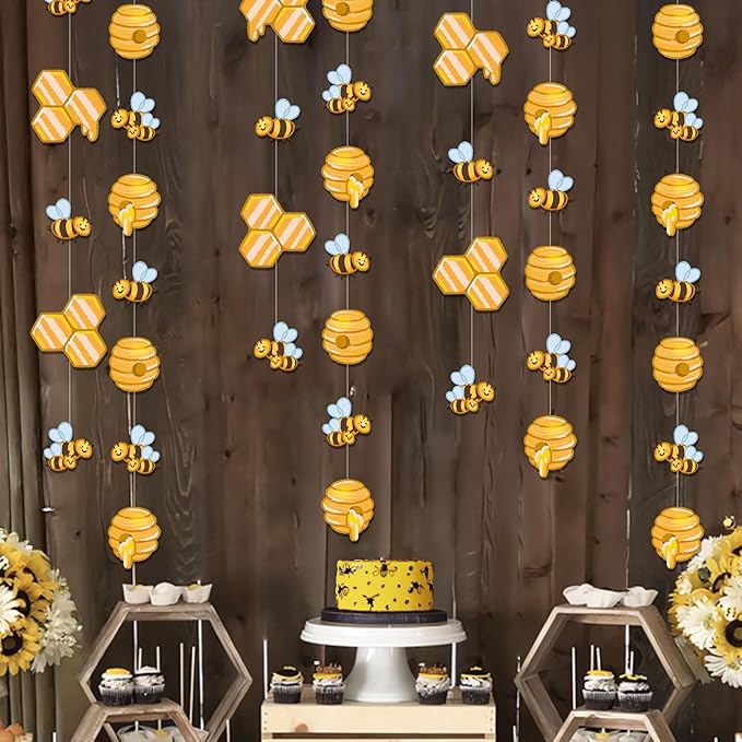 Cheerland Cute Bee Garland Set Honey Comb Decorations for Bee Birthday Party Decorations Bumblebee Decoration Streamers Kids First Birthday Baby Shower Gender Reveal Summer Honey Decoration 4 Pcs