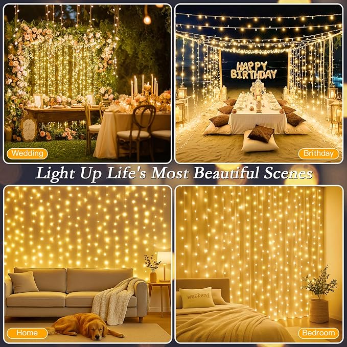 300 LED Curtain String Lights 9.8 * 9.8FT Plug in Fairy Lights with Timer and 8 Modes, Waterproof Window Wall Lights for Bedroom Wedding Party Indoor Outdoor Christmas Decor