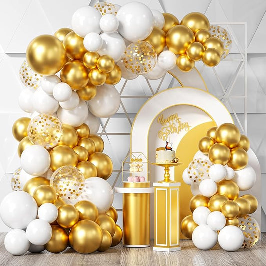 Bezente White Gold Balloons Arch Garland Kit, 100Pcs White Gold Metallic Chrome and Gold Confetti Balloons Arch for Wedding, Birthday, Engagement, Bridal Shower Special Events Party Decoration