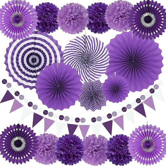 Purple Party Decorations with Hanging Paper Fan, Tissue Paper Pom Poms, Circle Dots Garland, Triangle Pennant for Birthday Bridal Shower Wedding Party Decorations (Purple)