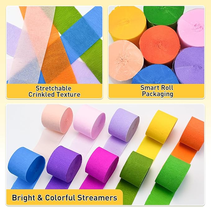Crepe Paper Streamers, 12 Rolls Party Streamers, 6 Colors 984 Ft Streamers Party Decorations for Birthday, Wedding, Baby Shower, Holiday, DIY Crafts, Backdrop
