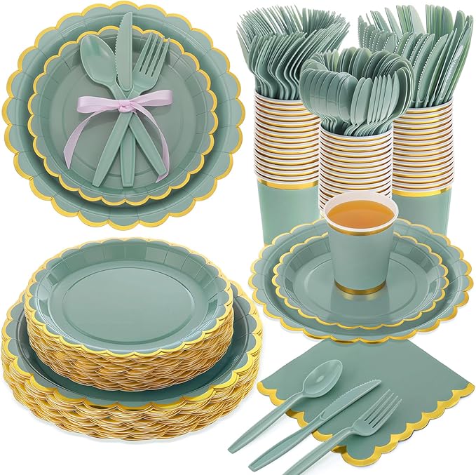 Ziliny Sage Green Plates and Napkins Party Supplies for Guests Woodland Baby Shower Tableware Include Scalloped Plates Paper Napkin Cup Spoon Fork Knife for Wedding, Birthday