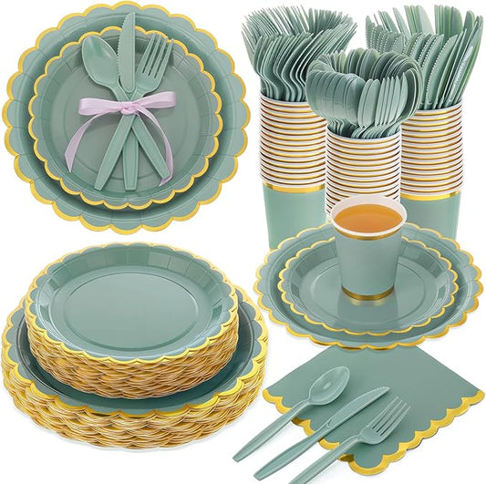 Ziliny Sage Green Plates and Napkins Party Supplies for Guests Woodland Baby Shower Tableware Include Scalloped Plates Paper Napkin Cup Spoon Fork Knife for Wedding, Birthday