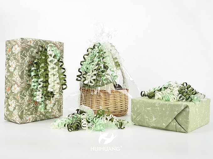 HUIHUANG Curly Bows for Gift Wrapping 7 inch Sage Green/Moss/Ivory Gift Bow with Self Adhesive & Twist Tie Ribbon Bows for Presents, Gift Basket, Wedding Decor, Baby Shower- 6 Counts