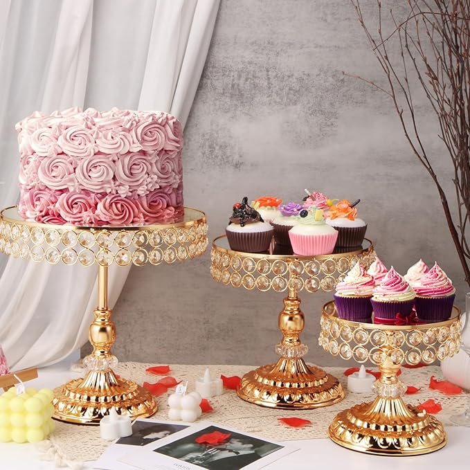 12 Pieces Gold Cake Stand Set, Vintage Cake Display Stand with Crystal Edge and Cupcake Display Tray, Dessert Table Display Set for Wedding Party Baby Shower Anniversary Celebration