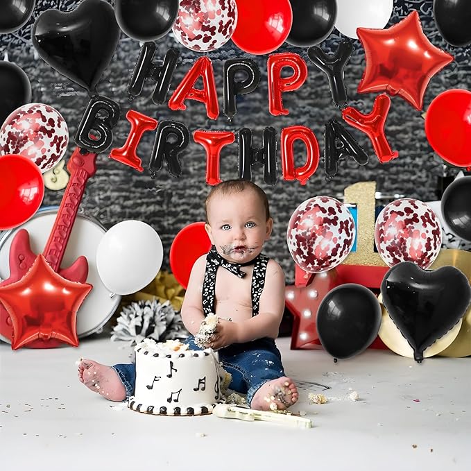 Red and Black Birthday Decorations for Boys,Black Red Star Heart Foil Balloons Black Red Happy Birthday Banner Happy Birthday Decorations for Men Women
