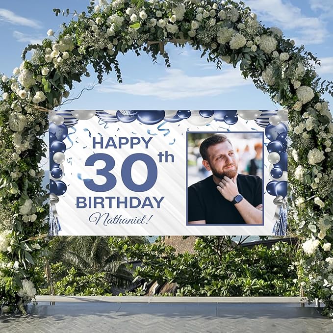 Custom Birthday Banner Personalized with Pictures and Name, Unique Backdrop Decoration for Husband or Him, Happy Birthday Party Banner for Men Women Celebrations