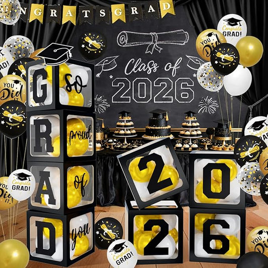 2026 Graduation Decorations - Black Balloon Boxes with Letters 2026 Grad & So Proud of You and Black White Gold Print Balloons, Graduation Party Decorations Class of 2026 for Any Grades(Black)
