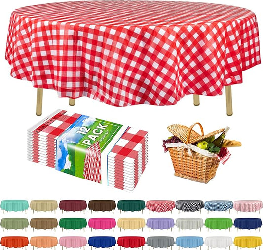 ZIMPLEWARE Premium Red Gingham Checkered Plastic Table Cloth Disposable (12 Pack) Round Tablecloth (84in) Party Table Cloths Disposable, Perfect Table Cloth Round Cover for Any Table Up to 6 Feet