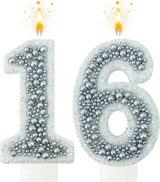 16 Birthday Number Candle for Cake, Glitter Number Candle with Silver Beads, Decorative Cake Topper for Milestone Celebrations