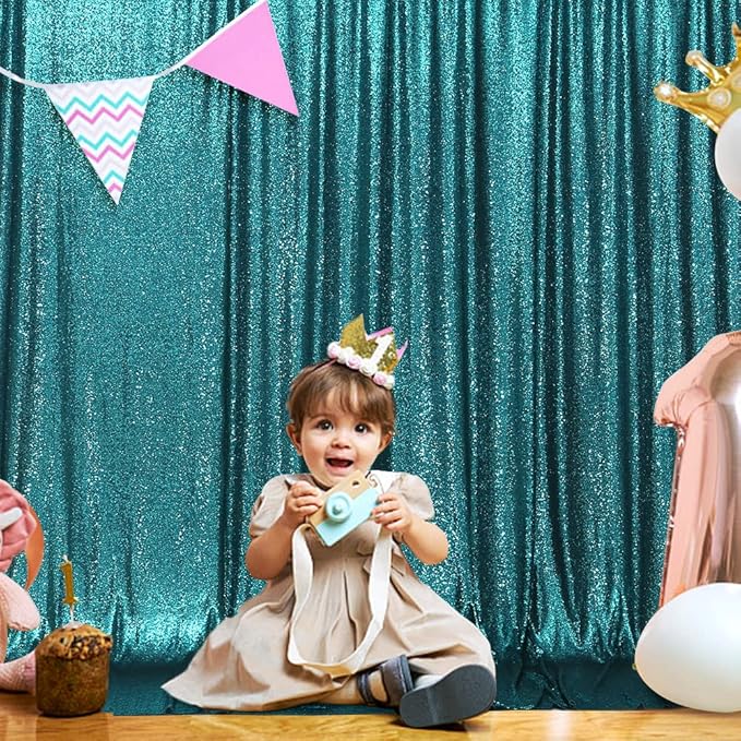 SquarePie 6x8ft Teal Sequin Backdrop for Photography, Satin-Backed Real Sequin Curtain, Enhanced Coverage Shimmering Background with 4" Rod Pocket for Wedding, Birthday, Party Decor, 1 Panel