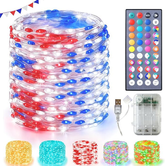 Lovelite Fairy Lights Battery Operated USB Plug in, 34 Colors Changing 33ft 100LED Patriotic String Lights with Remote, Waterproof Twinkle Lights for Bedroom Indoor Outdoor 4th of July Party Decor