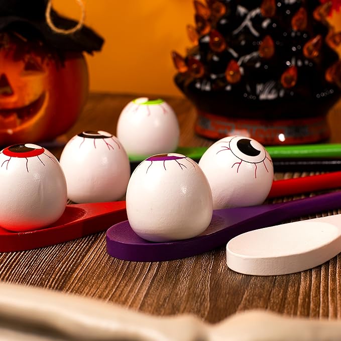 JOYIN Halloween Egg and Spoon Race Game, 6 Eggs and 6 Spoons, Made of the Finest Wood, Fun Game for Parties, Birthdays Classroom Activities. Durable, Lightweight |Six Assorted Colors
