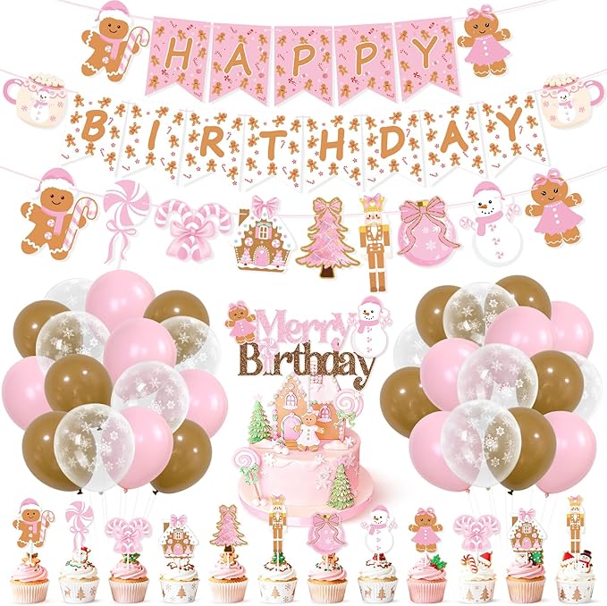 K KUMEED Pink Gingerbread Man Theme Party Decorations,Christmas Happy Birthday Banner Hot Cocoa Mug Candy Cake Topper Latex Balloons for Baby Shower Birthday Party Supplies