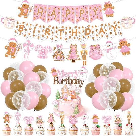 K KUMEED Pink Gingerbread Man Theme Party Decorations,Christmas Happy Birthday Banner Hot Cocoa Mug Candy Cake Topper Latex Balloons for Baby Shower Birthday Party Supplies