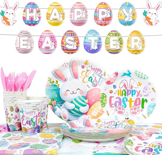 Easter Party Tableware for 20 Guests, Spring Party Tableware Egg Bunny Plates and Napkins Tablecloth Banner etc Easter Bunny Birthday Decorations Supplies