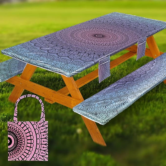 Picnic Table Cover with Bench Covers Vinyl Elastic Edges Fitted Rectangle Seat Tables Waterproof 3-Piece96X30in Set Outdoor Rectangular Folding Backing Tablecloth for Camping Over Size