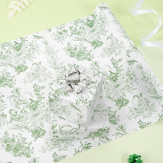 WERNNSAI Green Wrapping Paper Roll - 1 Roll 17”x 33 ft Vintage Floral Wrapping Paper Green Flower Bouquet Gift Wrap for Girls Women Birthday Bridal Shower Wedding Supplies