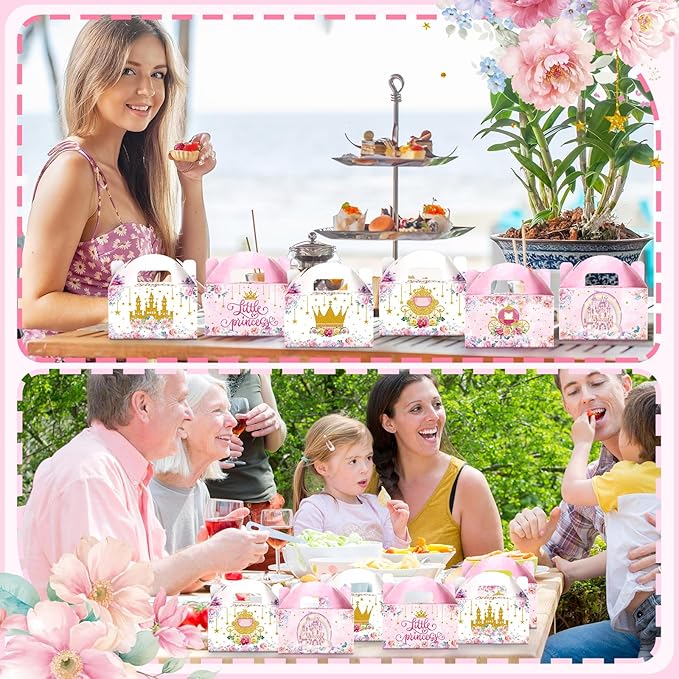 Dunzoom 24 Pcs Princess Party Favors Boxes Little Princess Goodie Treat Candy Boxes with Handles Pink Gift Container for Birthday Party Baby Shower Supplies