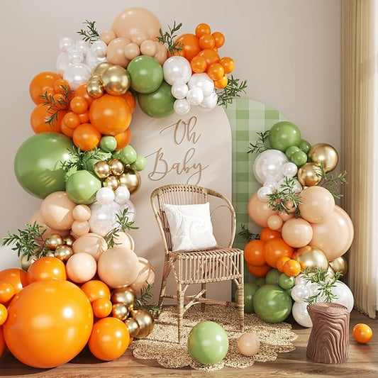 Orange and Green Balloon Arch kit, 124Pcs Sage Green Orange Nude Gold Pearl White Balloons for Birthday Bridal Shower Wedding Gender Reveal Little Cutie Baby Shower Decorations