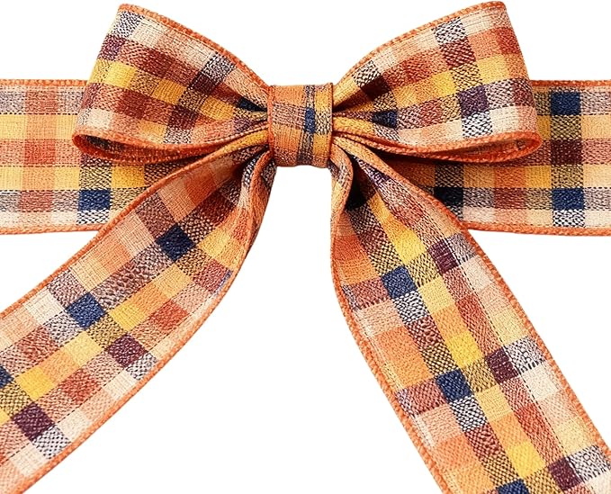 Meseey 1.5 Inch x 10 Yards Orange Plaid Wired Ribbon, Fall Buffalo Plaid Burlap Wired Edge Ribbons for Wreaths, Bows, Gift Wrapping, Thanksgiving & Halloween Decorations(Burgundy/Blue)