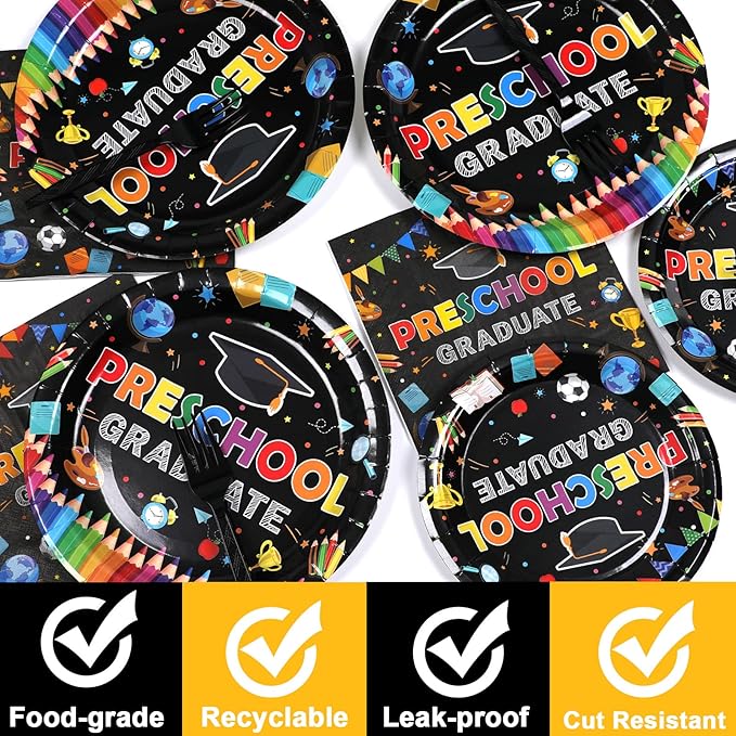 Preschool Graduation Party Supplies Pre-K Grad Tableware Set Kindergarten Graduation Plate Napkin Kindergarten Disposable Paper Dinnerware Kit for Graduate Party decoration Favor 24 Guest (Black)