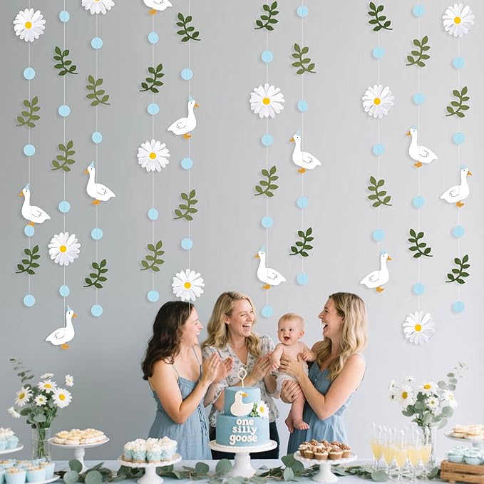 Blue Silly Goose 3D Daisy Flower Leaf Polka Dot Hanging Streamer Garland Banner for One Silly Goose Theme Birthday Wedding Baby Shower Bridal Shower Spring Summer Theme Party Decorations Supplies