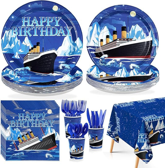 170Pcs Nautical Birthday Party Supplies Cruise Ship Plates and Napkins Cups Forks Tablecloth Ocean Cruise Liner Theme Tableware Sets for Kids Adults Birthday Baby Shower Party Favors Serves 24