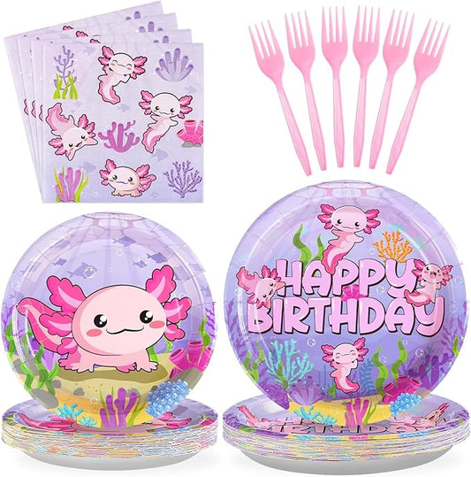 96Pcs Axolotl Birthday Party Supplies Pink Cartoon Axolotl Party Plates and Napkins Tableware Sets Reptile Animals Axolotl Party Decorations for Kids Girls Baby Shower Party Favors, Serves 24
